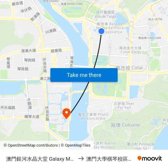 澳門銀河水晶大堂 Galaxy Macau Of Splendid Lobby to 澳門大學橫琴校區中央教學樓東四座 map