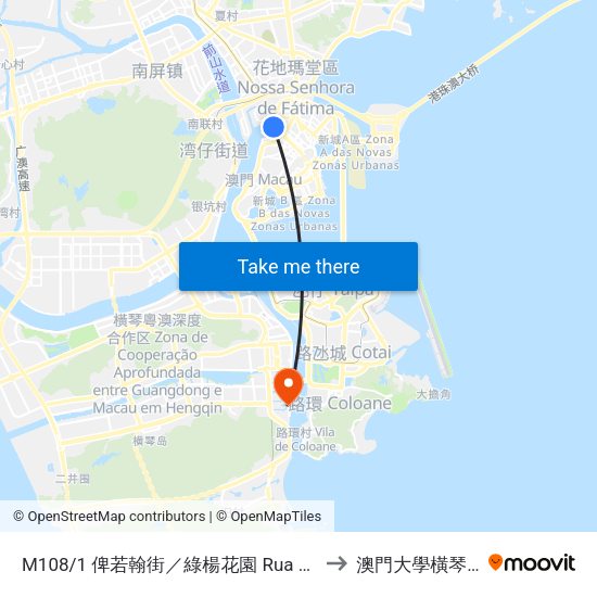M108/1 俾若翰街／綠楊花園 Rua Do Comandante João Belo／Edf. LOK Yeung Fa Yuen to 澳門大學橫琴校區中央教學樓東四座 map