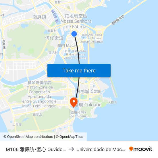 M106 雅廉訪/聖心 Ouvidor Arriaga/ Esc. S. C. Jesus to Universidade de Macau (澳門大學) Campus map