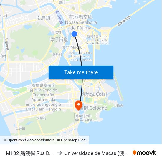 M102 船澳街 Rua Da Doca Seca to Universidade de Macau (澳門大學) Campus map