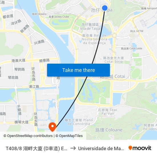 T408/8 湖畔大廈 (D車道) Edifício Do Lago (Via / Lane D) to Universidade de Macau (澳門大學) Campus map