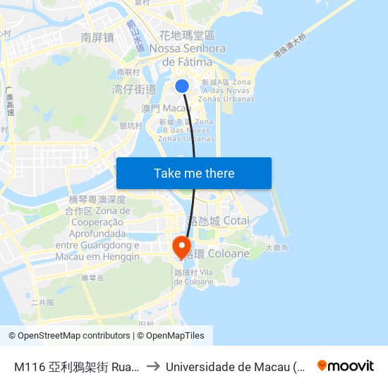 M116 亞利鴉架街 Rua Manuel Arriaga to Universidade de Macau (澳門大學) Campus map