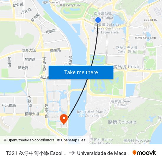 T321 氹仔中葡小學 Escola Luso Chinesa Da Taipa to Universidade de Macau (澳門大學) Campus map