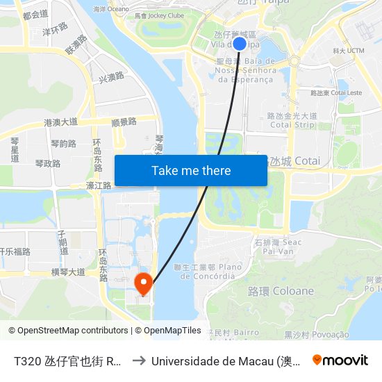 T320 氹仔官也街 Rua Do Cunha to Universidade de Macau (澳門大學) Campus map