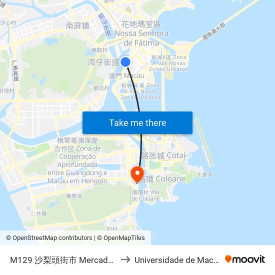 M129 沙梨頭街市 Mercado De Patane, Patane Market to Universidade de Macau (澳門大學) Campus map
