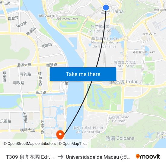 T309 泉亮花園 Edf. Chun Leong to Universidade de Macau (澳門大學) Campus map