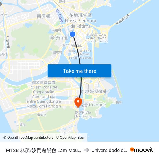 M128 林茂/澳門遊艇會 Lam Mau / Clube Náutico De Macau, Lam Mau / Macau Yacht Club to Universidade de Macau (澳門大學) Campus map