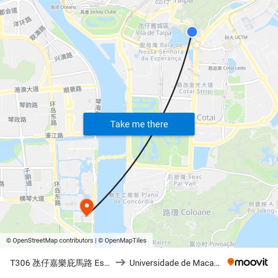 T306 氹仔嘉樂庇馬路 Est. Gov. Nobre Carvalho to Universidade de Macau (澳門大學) Campus map