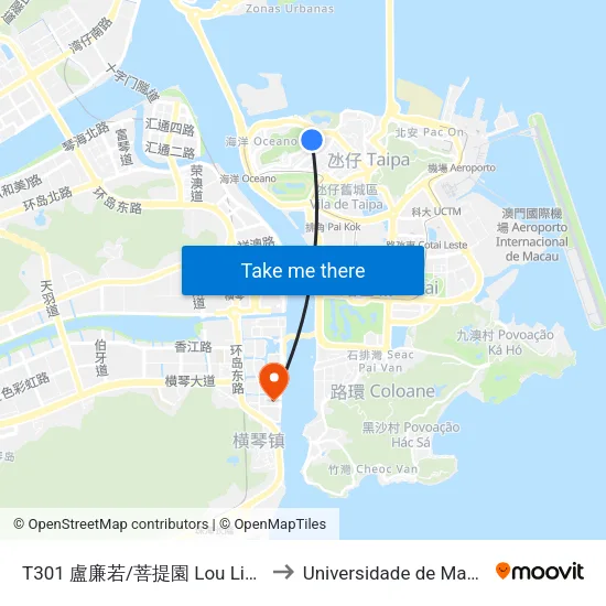 T301 盧廉若/菩提園 Lou Lim Ieok/ Templo De Pou Tai Un to Universidade de Macau (澳門大學) Campus map