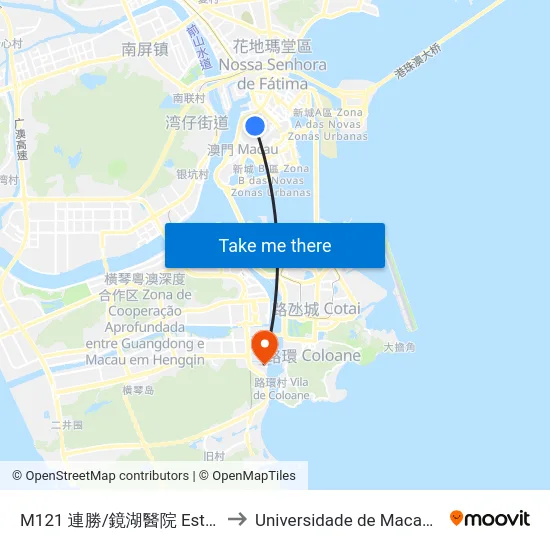 M121 連勝/鏡湖醫院 Est. C. Amaral/ Kiang Wu to Universidade de Macau (澳門大學) Campus map