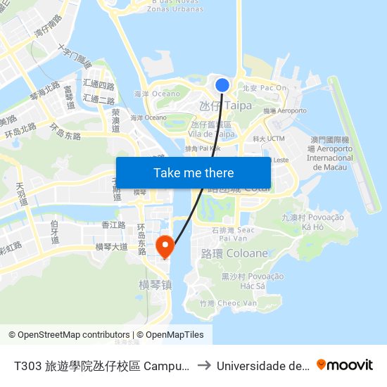 T303 旅遊學院氹仔校區 Campus Da Taipa Do I.F.T., Tourist Institute Taipa Campus to Universidade de Macau (澳門大學) Campus map