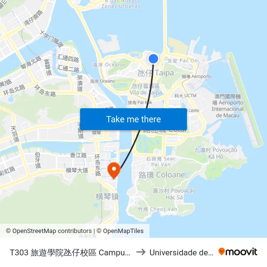 T303 旅遊學院氹仔校區 Campus Da Taipa Do I.F.T., Tourist Institute Taipa Campus to Universidade de Macau (澳門大學) Campus map