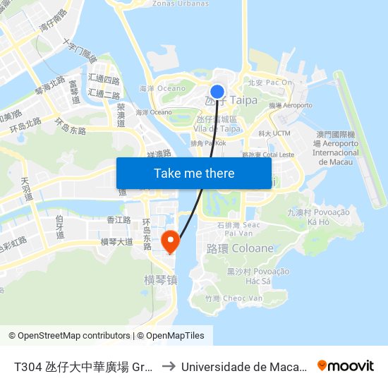 T304 氹仔大中華廣場 Great China Plaza / Taipa to Universidade de Macau (澳門大學) Campus map