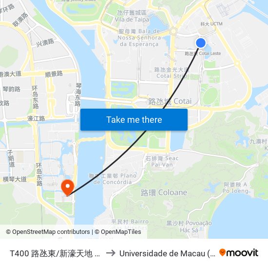 T400 路氹東/新濠天地 Cotai Leste/ C.O.D. to Universidade de Macau (澳門大學) Campus map