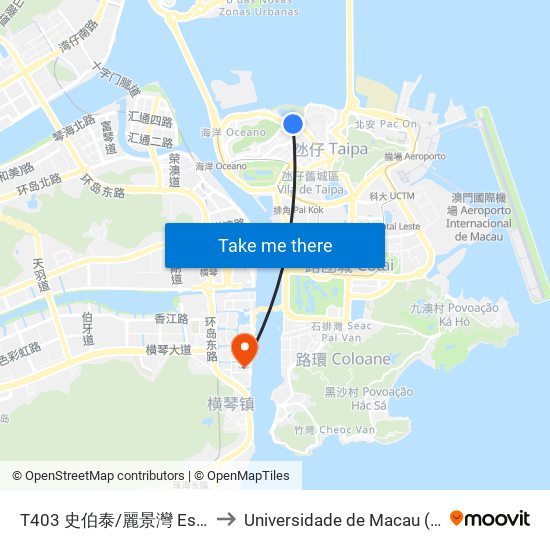 T403 史伯泰/麗景灣 Esparteiro/ Regency to Universidade de Macau (澳門大學) Campus map