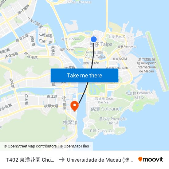 T402 泉澧花園 Chun Lai Garden to Universidade de Macau (澳門大學) Campus map