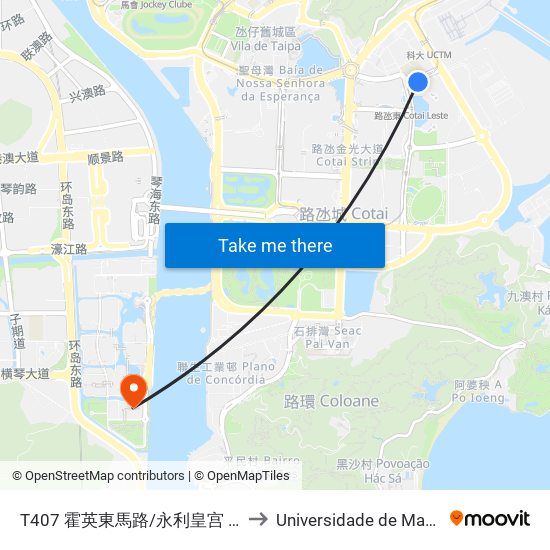 T407 霍英東馬路/永利皇宫 Av.Dr.Henry Fok / Wynn Palace to Universidade de Macau (澳門大學) Campus map