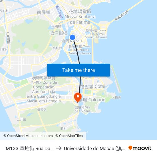 M133 草堆街 Rua Das Estalagens to Universidade de Macau (澳門大學) Campus map