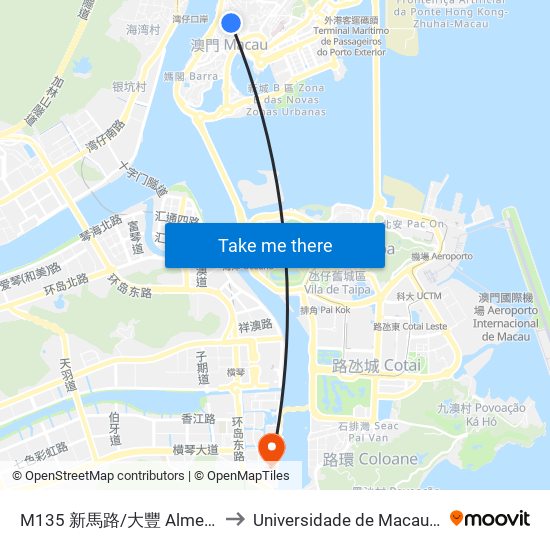 M135 新馬路/大豐 Almeida Ribeiro / Tai Fung to Universidade de Macau (澳門大學) Campus map