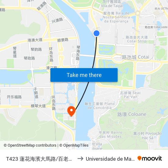 T423 蓮花海濱大馬路/百老匯 Av. M. Flor De Lótus/ Broadway to Universidade de Macau (澳門大學) Campus map