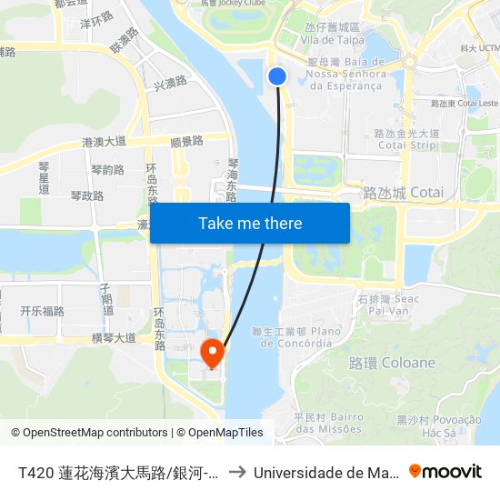 T420 蓮花海濱大馬路/銀河-1 Av. M. Flor De Lótus/ Galaxy-1 to Universidade de Macau (澳門大學) Campus map