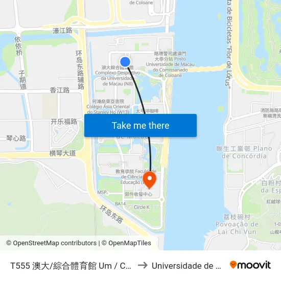 T555 澳大/綜合體育館 Um / Complexo Desportivo, Um / Sports Complex to Universidade de Macau (澳門大學) Campus map
