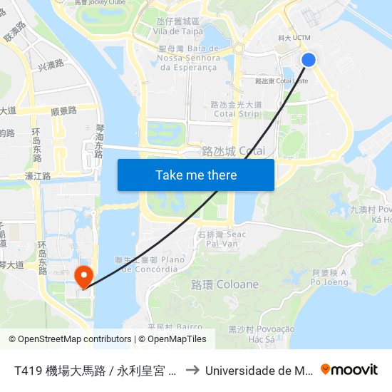 T419 機場大馬路 / 永利皇宮 Avenida Do Aeroporto / Wynn Palace to Universidade de Macau (澳門大學) Campus map