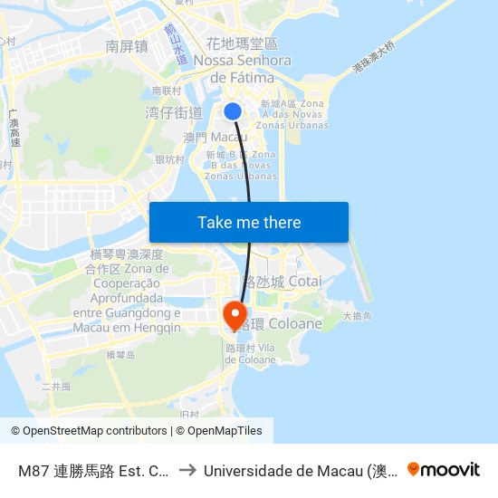 M87 連勝馬路 Est. Coelho Amaral to Universidade de Macau (澳門大學) Campus map