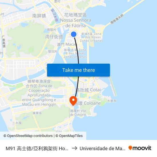 M91 高士德/亞利鴉架街 Horta E Costa/ Rua Manuel Arriaga to Universidade de Macau (澳門大學) Campus map