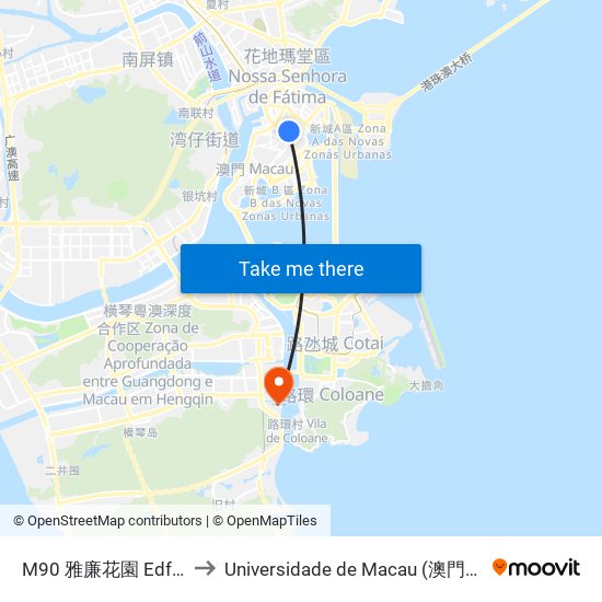 M90 雅廉花園 Edf. Nga Lim to Universidade de Macau (澳門大學) Campus map