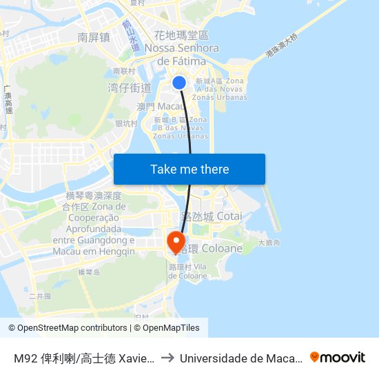 M92 俾利喇/高士德 Xavier Pereira/ Horta E Costa to Universidade de Macau (澳門大學) Campus map