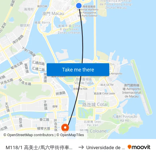 M118/1 高美士/馬六甲街停車場  Gonzaga Gomes/ Auto-Silo Da Rua De Malaca to Universidade de Macau (澳門大學) Campus map