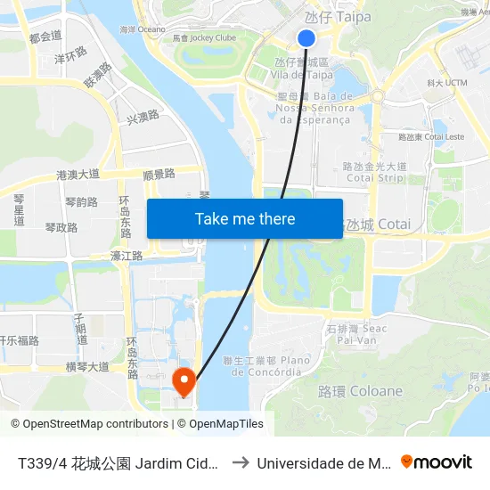 T339/4 花城公園 Jardim Cidade Das Flores, Garden Of Flower City to Universidade de Macau (澳門大學) Campus map