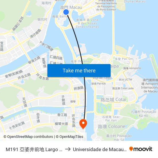 M191 亞婆井前地 Largo Do Lilau, Lilau Square to Universidade de Macau (澳門大學) Campus map