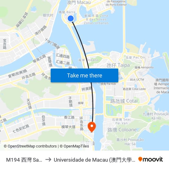 M194 西灣 Sai Wan to Universidade de Macau (澳門大學) Campus map