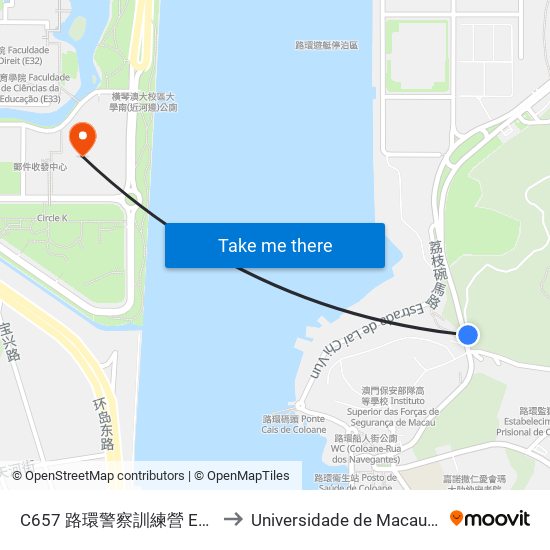 C657 路環警察訓練營 Est. Do Campo/ Psp-1 to Universidade de Macau (澳門大學) Campus map