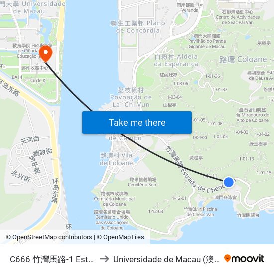 C666 竹灣馬路-1 Est. Cheoc Van-1 to Universidade de Macau (澳門大學) Campus map