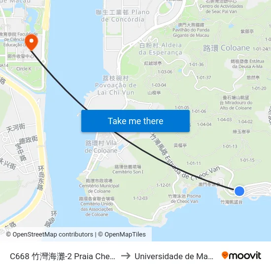C668 竹灣海灘-2 Praia Cheoc Van-2, Cheoc Van Beach-2 to Universidade de Macau (澳門大學) Campus map