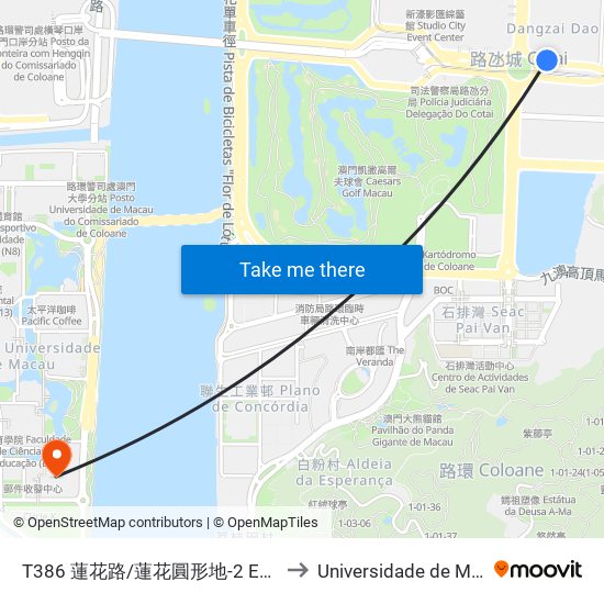 T386 蓮花路/蓮花圓形地-2 Est. F. De Lótus / Rotunda F. De Lótus-2 to Universidade de Macau (澳門大學) Campus map