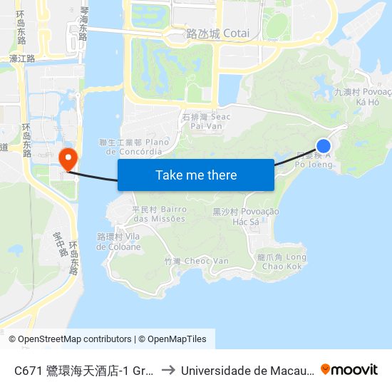 C671 鷺環海天酒店-1 Grand Coloane Resort-1 to Universidade de Macau (澳門大學) Campus map