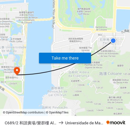C689/2 和諧廣場/樂群樓 Al. Da Harmonia / Edf. LOK Kuan to Universidade de Macau (澳門大學) Campus map