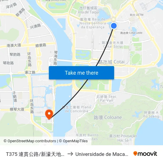 T375 連貫公路/新濠天地 Est. Do Istmo/ C.O.D. to Universidade de Macau (澳門大學) Campus map