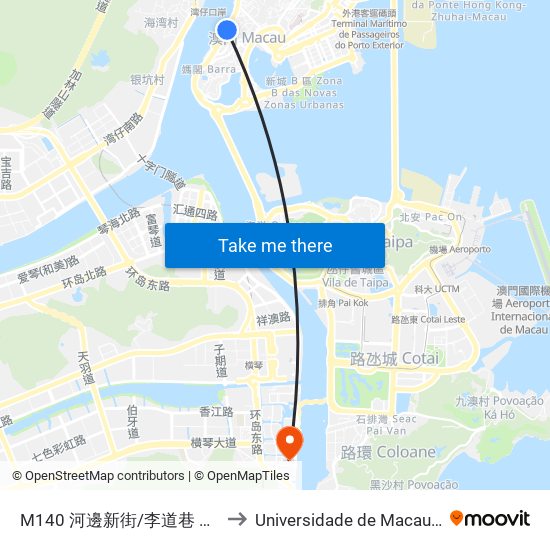 M140 河邊新街/李道巷 Alm. Sérgio/ Trav. Lido to Universidade de Macau (澳門大學) Campus map