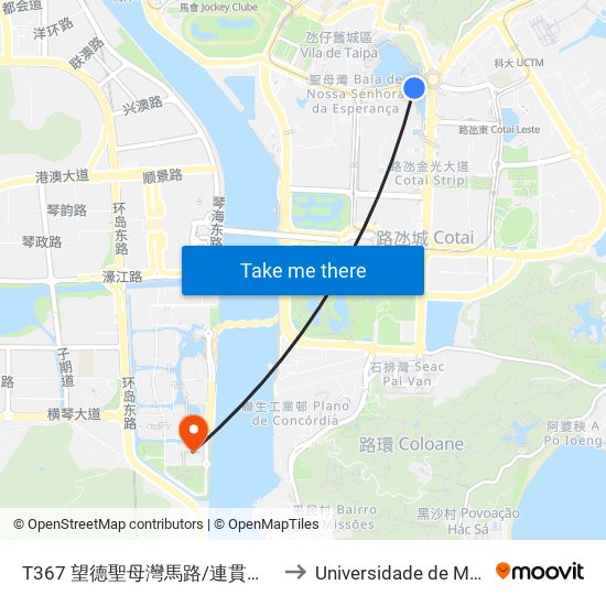 T367 望德聖母灣馬路/連貫公路 Est. Baia N. S. Esperança/ Istmo to Universidade de Macau (澳門大學) Campus map