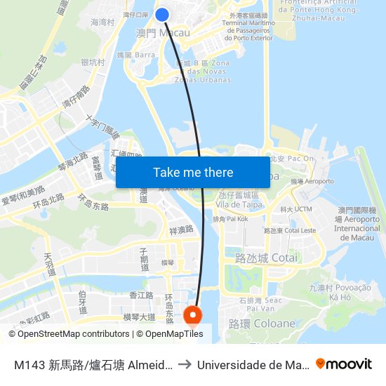 M143 新馬路/爐石塘 Almeida Ribeiro / Rua Camilo  Pessanha to Universidade de Macau (澳門大學) Campus map