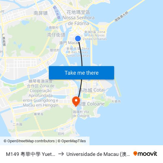 M149 粵華中學 Yuet Wah College to Universidade de Macau (澳門大學) Campus map