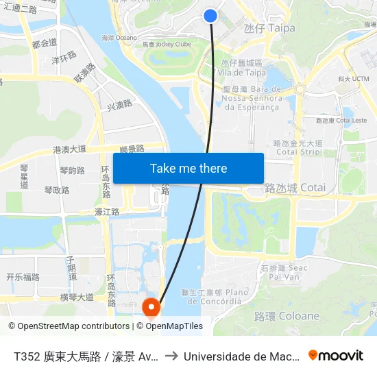 T352 廣東大馬路 / 濠景 Av. Kwong Tung / Nova Taipa to Universidade de Macau (澳門大學) Campus map