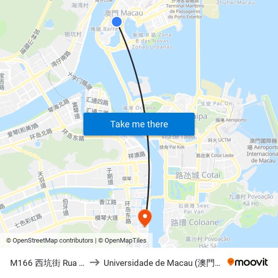 M166 西坑街 Rua Da Penha to Universidade de Macau (澳門大學) Campus map