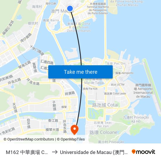 M162 中華廣場 China Plaza to Universidade de Macau (澳門大學) Campus map