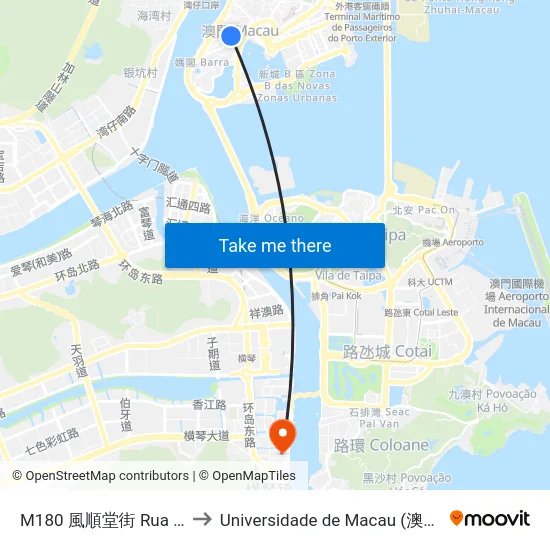 M180 風順堂街 Rua S. Lourenço to Universidade de Macau (澳門大學) Campus map
